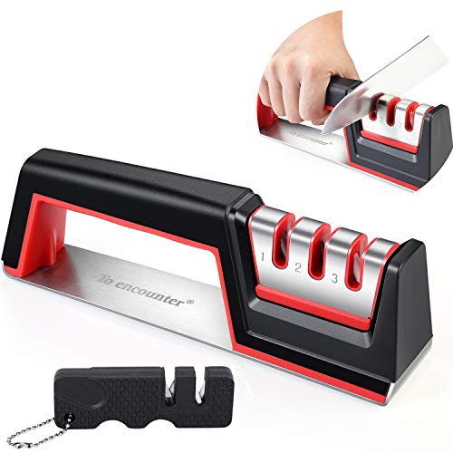 To encounter Knife Sharpener Professional 3-Stage Kitchen Knife Sharpening Tool – Restore and Polish Blades Quickly, 2-Stage Mini Outdoor Pocket Sharpener Included
