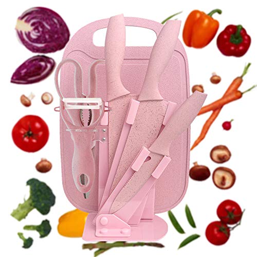 DT001 7 Pieces of Kitchen Knives Set – Non-stick Stainless Steel Kitchen Knives Set with 1 Scissor & 1 Peeler Stand and Chopping Board with Gift Box(Pink)