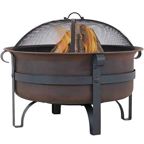 Sunnydaze Large Bronze Cauldron Outdoor Fire Pit Bowl – Round Wood Burning Patio Firebowl with Portable Poker and Spark Screen – 29 Inch