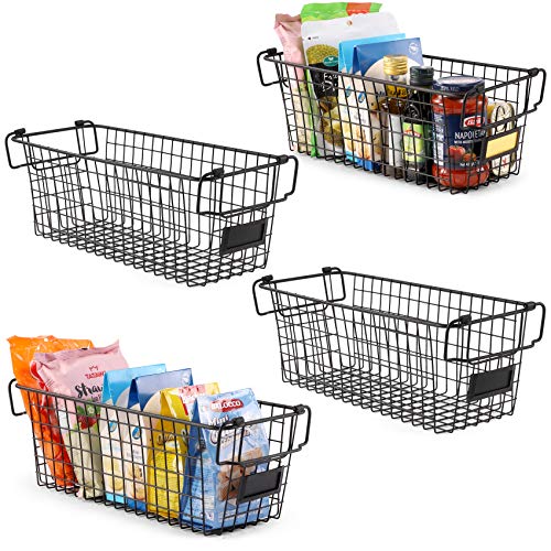 4 Pack [ XL Large ] STACKABLE Wire Baskets for Organizing – Pantry Storage and Organization Metal Bins for Produce, Food, Fruit – Kitchen Bathroom Closet Cabinet, Countertop, Under Sink Organizer