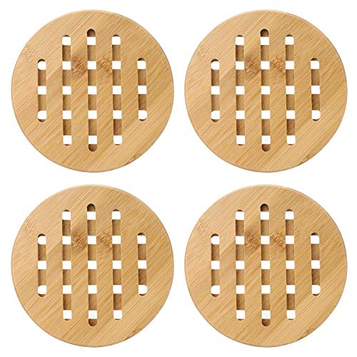 4 Pcs Bamboo Table Mat, Decorative & Protective Hot Plate Coaster Holders Non-Slip Pads Round and Square Bamboo TrivetsAnti-Scald Non-Slip Bowl Cup Heat Insulation Pad for Home Kitchen Use(02)