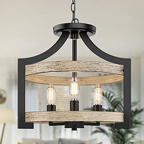 3-Light Rustic Farmhouse Pendant Hanging Light Adjustable Height Max 68in, Convertible Vintage Semi Flush Mount Ceiling Light Fixture Black Metal Chandelier White Birch Wood Finish Kitchen Dining Room
