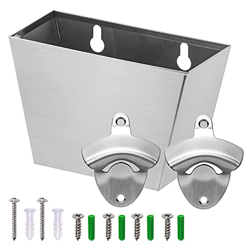 Luwanburg Stainless Steel Beer Bottle Opener Wall Mounted with Cap Catcher Bundle for Kitchen Home Bar Gifts ( Brushed Silver )