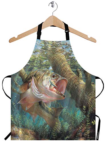 WONDERTIFY Bass Fish Jumping Hook Apron, Bib Apron with Adjustable Neck for Men Women,Suitable for Home Kitchen Cooking Waitress Chef Grill Bistro Baking BBQ Hairdresser Cobbler Stylist Nail Apron