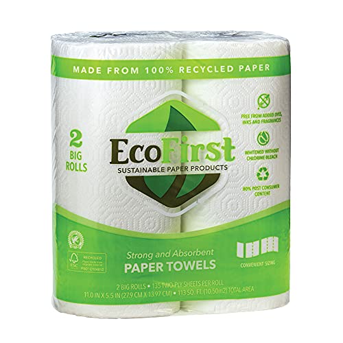 EcoFirst Recycled Paper Towels (2 Rolls) – Bulk Paper Towels – Paper Towels Half Sheet – Kitchen Paper Towels – Eco Friendly Paper Towels – Whitened Without Bleach – Free of Dyes, Inks & Fragrances