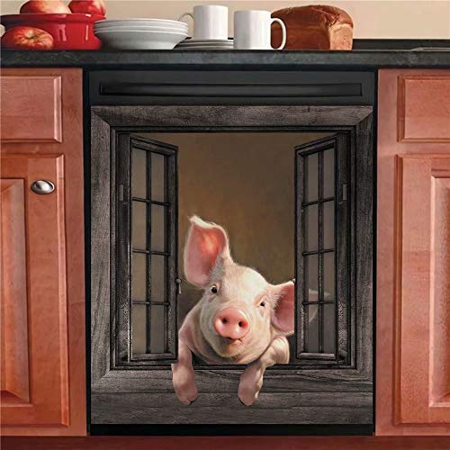 Magnetic Funny Pig Dishwasher Sticker Kitchen Cabinet Panels,Farm Window Refrigerator Door Cover Sheet,Animal Fridge Manget,Home Appliances Decor Decals 23″Wx26″H