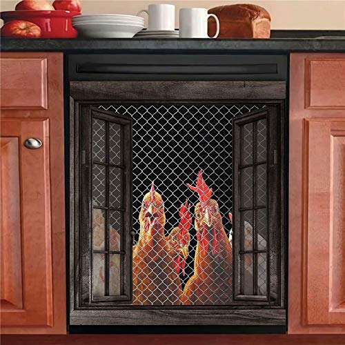 Magnet Rooster Hen Sitcker Kitchen Dishwasher Cover,Farmhouse Window Fridge Magnetic Decal Panels,Farm Chicken Refrigerator Door Cover,Home Appliances Cabinet Decor 23″Wx26″H