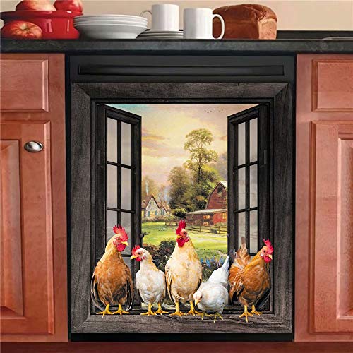 Magnetic Farm Chicken Dishwasher Cover,Kitchen Decor Rooster Refrigerator Magnet Decal Panels,Country Farmhouse Window Fridge Door Cover,Home Appliances Decor Stickers 23″Wx26″H