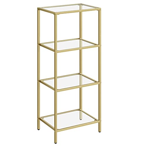 VASAGLE Bookcase, 4-Tier Bookshelf, Slim Shelving Unit for Bedroom, Bathroom, Home Office, Tempered Glass, Steel Frame, Gold Color ULGT28G