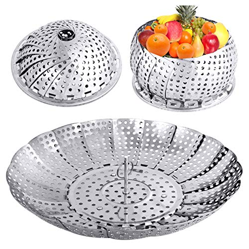 YLYL Veggie Vegetable Steamer Basket, Folding Steaming Basket, Metal Stainless Steel Steamer Basket Insert, Collapsible Steamer Baskets for Cooking Food, Expandable Fit Various Size Pot(5.9″ to 9.8″)