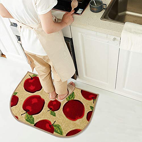 Half Round Skid Resistant Kitchen Mat Latex Backing Red Apple Area Rugs Machine Washable Half Cricle Doormat Bathroom Foot Pads Slice (1’6×2’6)
