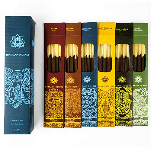 Jembrana Incense Sticks – Mix 6 Scents (144 Sticks Total), 24 Sticks Each of Lotus (Padma), Sandalwood, Gardenia, Maha Triloka, Raja Harum & Dewi Sai (Amber), Incense Gift Sets from Bali Soap