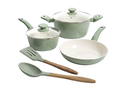 Gibson Home Plaze Café’ Forged Aluminum Non-stick Ceramic Cookware with Induction Base and Soft Touch Bakelite Handle, 7-Piece Set, Mint Green