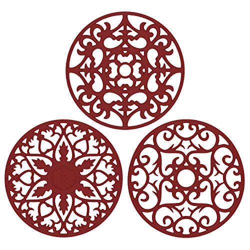 Silicone Trivet ME.FAN 3 Set Silicone Trivet Mat – Multi-Use Intricately Carved Insulated Flexible Durable Non Slip Coasters (Wine Red)