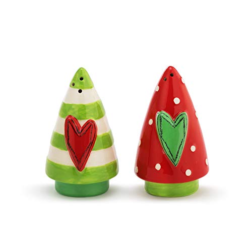 Heart Tree Green and Red 3.5 x 2 Stoneware Holiday Salt and Pepper Shaker Set