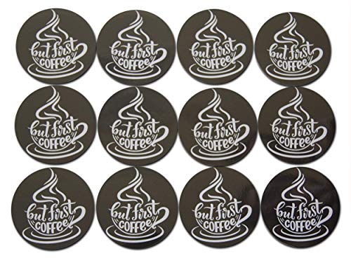 Novel Merk But First Coffee Refrigerator Magnets – Vinyl 3” Round Magnets for Fridge, Lockers, Home Kitchen and Coffeehouse Decor – Self Adhesive to Metal Surfaces (12 Pack)