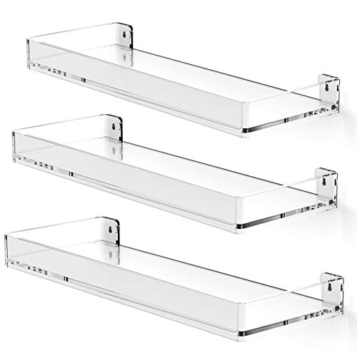 MaxGear Acrylic Shelves Clear Floating Shelves for Wall, Heavy Duty Acrylic Clear Display Shelves with Edge, 5mm Extra Thicker Hanging Shelves Floating Bookshelves for Bathroom, Bedroom, Kitchen