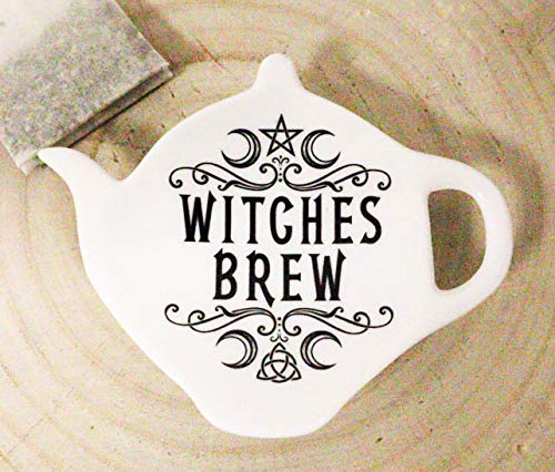 Ebros Wicca Occult Pentagram Crescent Moons Witches Brew Hex Ceramic Porcelain Tea Spoon Or Bag Holder Rest Plate In Petite Teapot Shape Home Kitchen Decor Alchemy Magic Spell Accent (2)