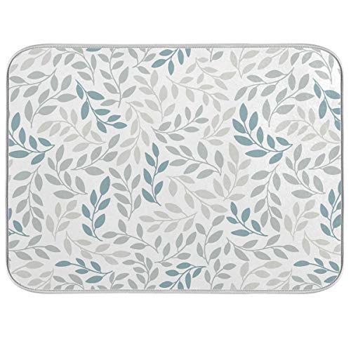 Grey and Blue Leaves branches Dish Drying Mat 18×24 for Kitchen Gray Leaves Botanical Spring Flowers Dishes Pad Dish Drainer Rack Mats Absorbent Fast Dry Kitchen Accessories