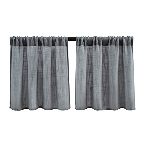 Valea Home Burlap Tier Curtains for Kitchen Rustic Rod Pocket Curtains for Short Window 24 inch Linen Cafe Curtains, Grey, Set of 2