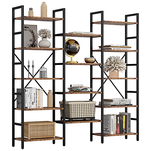 IRONCK Bookcases and Bookshelves Triple Wide 5 Tiers Industrial Bookshelf, Large Etagere Bookshelf Open Display Shelves with Metal Frame for Living Room Bedroom Home Office
