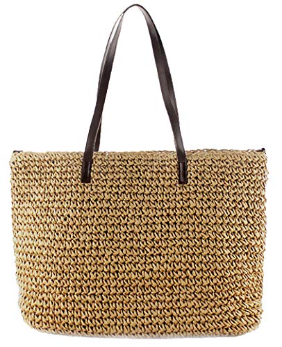 Straw Bag Women Straw Woven Tote Large Beach Handmade Weaving Shoulder Bag Handbag (2 in 1 style-Khaki)