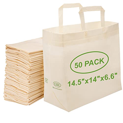 Simply Cool 50 Pack Reusable Eco-Friendly Grocery Shopping Bags 14.5″x14″x6.6″ Durable, Recyclable,Washable, Foldable, Portable Tote Bag (50 Pack Reusable Bags, Cream)
