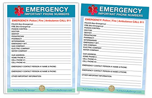 TLC Safety By Design Premium Large 8.5” x 11” Emergency Important Phone Numbers List Magnetic Home Alone Doctor Approved Refrigerator (2 Cards and 1 Magnetic Sleeve from TLC, Blue Medical ICE)