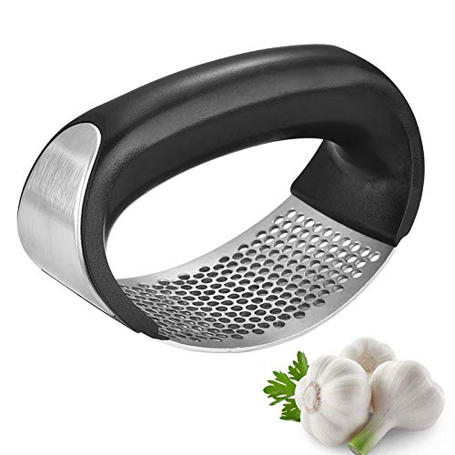 Stainless Steel Garlic Press Rocker with Ergonomic Black Handle, Onion Crusher, Ginger Chopper, Home Kitchen Cooking Gadget, Household Essential, Outdoor Mince Tool