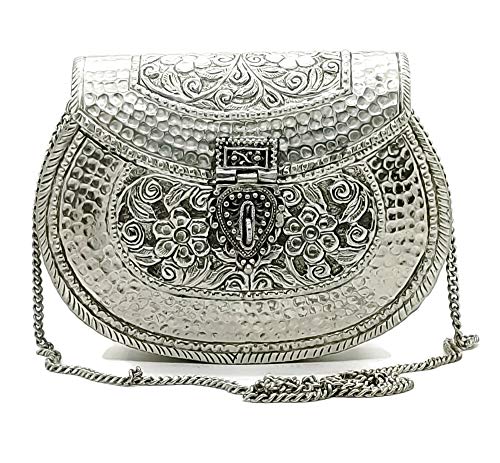 Jiya Indian Brass Handmade Bridal Women’s Antique Brass Purse Ethnic Metal Clutch Gift (Silver)