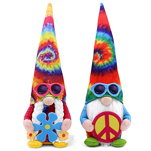 Hippie Gnomes Groovy Plush Gnome Decorations with Peace Sign Sunglasses Spring Summer Tie Dye Tomte Swedish Collectible Figurines Farmhouse Hippy Trippy Room Decor Gift for Friends Family 2PCS