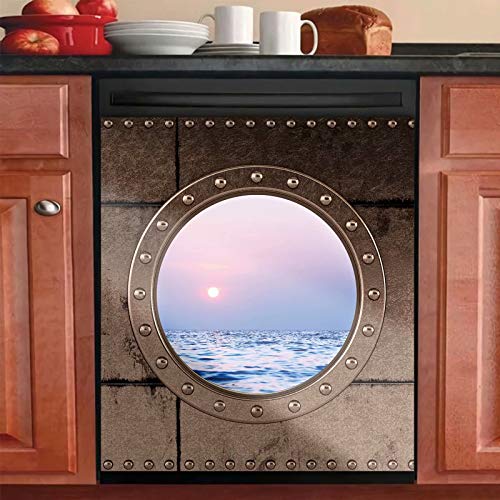 Cruise Ship Porthole Magnetic Dishwasher Sticker,Reusable Dishwasher Door Covers Decorative Kitchen for Washers Fridge Panel Decal Cover,Easily Trimmable Home Cabinets Stickers 23″ Wx26 H