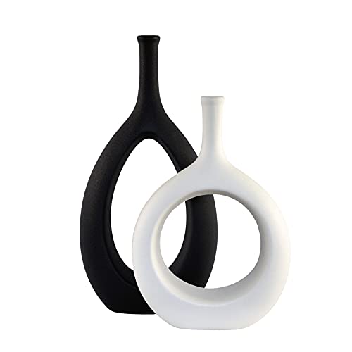 H-Wares Modern Ceramic Vases 2 set. Matte Black Oval and White Circle Vase for Decor. Geometric Modern Abstract Minimalist Vases for Centerpiece in Kitchen, Living, Dining Room, Home (Black and White)