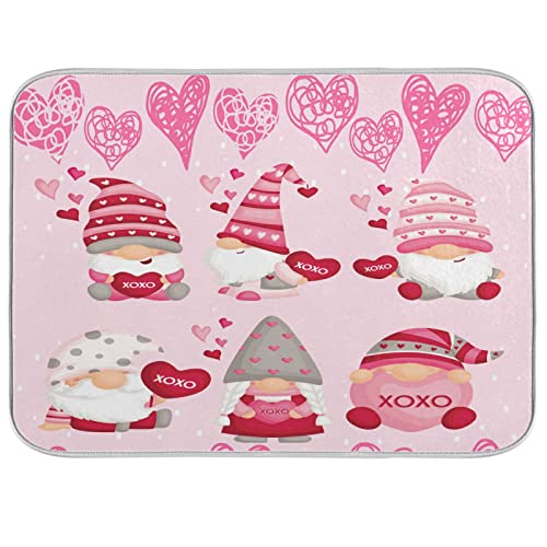 Happy Valentine’s Day Hearts Gnomes Dish Drying Mat 16 X 18 In Red Love Absorbent Microfiber Dry Dishes Pads Tableware Mats Protector for Kitchen Countertops Counter Home Decorations