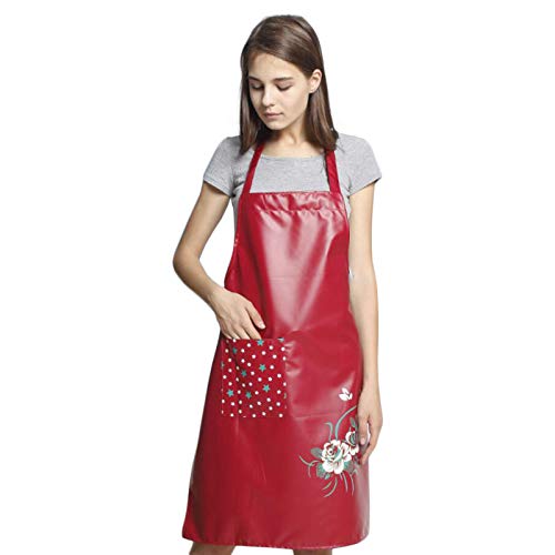 PU Kitchen Oil and Waterproof Aprons for Women with Pocket for Cooking Washing Red