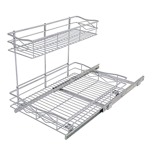 TQVAI Pull Out Cabinet Organizer, 2 Tier Under Sink Storage Shelf with Sliding Drawer, Wire Kitchen Slide Out Basket – 11.5W x 17D x 13.25H, Request at Least 12 Inch Cabinet Opening