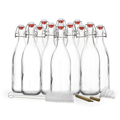 Nevlers Set of 12 | 17 oz Round Glass Bottle Set with Airtight Swing Top Stoppers | Home Brewing Bottles for Kombucha , Beer , Limoncello | Swing Top Glass Bottles Includes Brush, Funnel & Marker