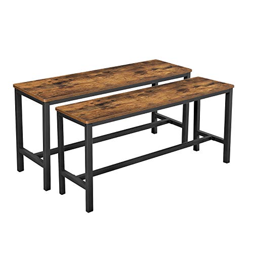 VASAGLE Dining Bench, Pair of 2, Industrial Style, Steel Frame, for Kitchen, Living Room, 12.8″ D x 42.5″ W x 19.7″ H, Rustic Brown + Black