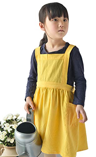 Children Cotton Apron Japanese Style Bib Home Clothes Painting Soft Comfort Pinafore Apron for Girls Boys (yellow, M(22.8″L))