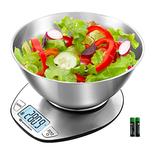 BROMECH Food Scale with Bowl 2.27QT, Digital Kitchen Scale for Weight Loss, Baking, Cooking and Keto, 11lb Capacity, Stainless Steel, Battery Included