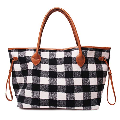 Mright Handbags for Women Tote Shoulder Bags Black White Buffalo Check Soft Flannel Pu Handle Purse with Polyester Lining (Black White)