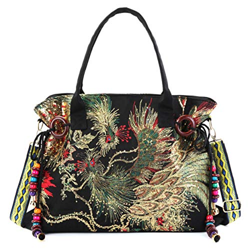 Women Canvas Tote Bags Phoenix Sequins Embroidery Handbags Stylish Casual Shoulder Bags,With Vintage Decorative Pendants (Black)