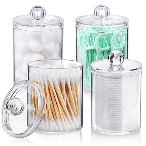 4 PACK Qtip Holder Dispenser for Cotton Ball, Cotton Swab, Cotton Round Pads, Floss Picks – 10 oz Clear Plastic Apothecary Jar Set for Bathroom Canister Storage Organization, Vanity Makeup Organizer