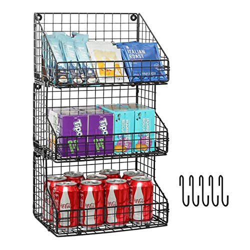 X-cosrack 3 Tier Stackable Tea Bag Organizer Large Size with 5 Hooks Metal Wire Basket Coffee Snack Rack Holder Countertop Caddy Bin Wall Mount Shelf for Office Kitchen Cabinet Pantry Patent Desgin