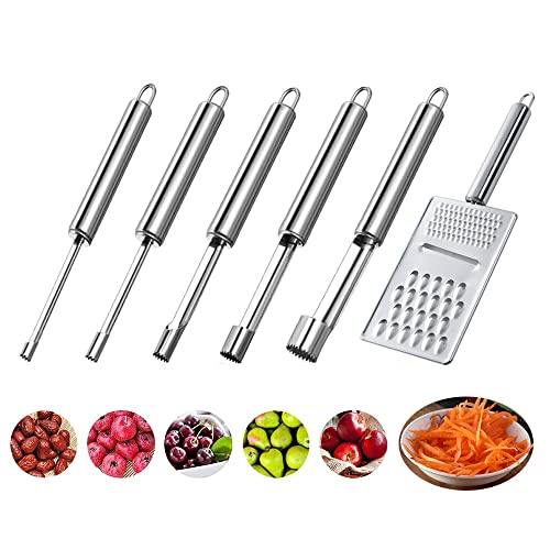 Corer and Pitter 5 Sizes Multi-Function Fruit Corer and Pitter Remover Set Stainless Steel Apple Pear Fruit Seed Corer Pitter for Home Kitchen, Pear, Cherry,Red Date (5 Size＋1 Cheese Grater/Slicer)