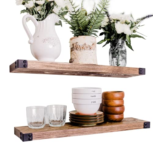 Willow & Grace Wall Mounted Wooden Floating Shelves, Wall Shelves for Bedroom, Bathroom, Living & Laundry Room, Kitchen, Storage & Decor – Rustic Farmhouse Small Wood Shelf – Walnut (24″ Set of 2)