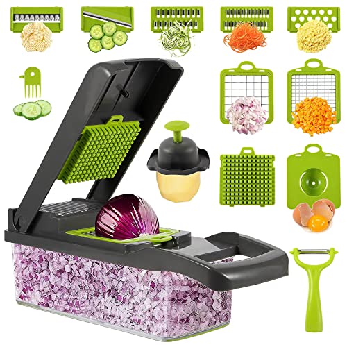 Pro Vegetable Chopper with Container and 7 Sharp Blades, Veggie Slicer Dicer with Colander Basket for Kitchen, Easy to Clean