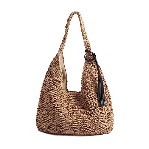 QTKJ Hand-woven Soft Large Straw Shoulder Bag with Black Tassels Boho Straw Handle Tote Retro Summer Beach Bag Rattan Handbag (Brown)