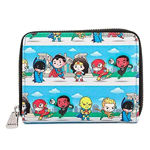 Loungefly DC Superheroes Chibi Lineup Faux Leather Zip Around Wallet, Cute Wallets Fashion Accessories, 5.5 Inches