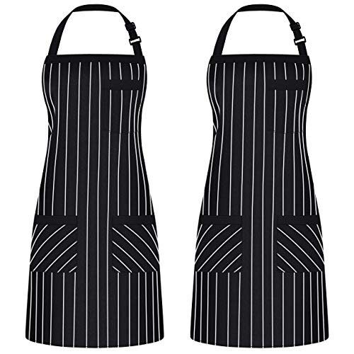 Syntus 2 Pack Adjustable Bib Apron with 3 Pockets Cooking Kitchen Aprons for Women Men Chef, Black/White Pinstripe